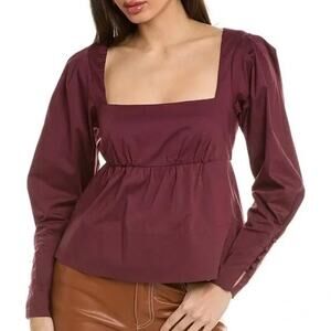 STAUD Peggy Top Womens XS Plum Burgundy Empire Waist Victorian Gather Cotton NEW